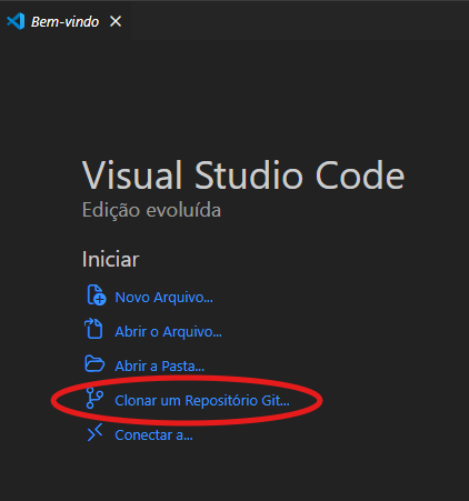 Página de boas-vindas do VS Code mostrando a opção Clonar Repositório Git.
