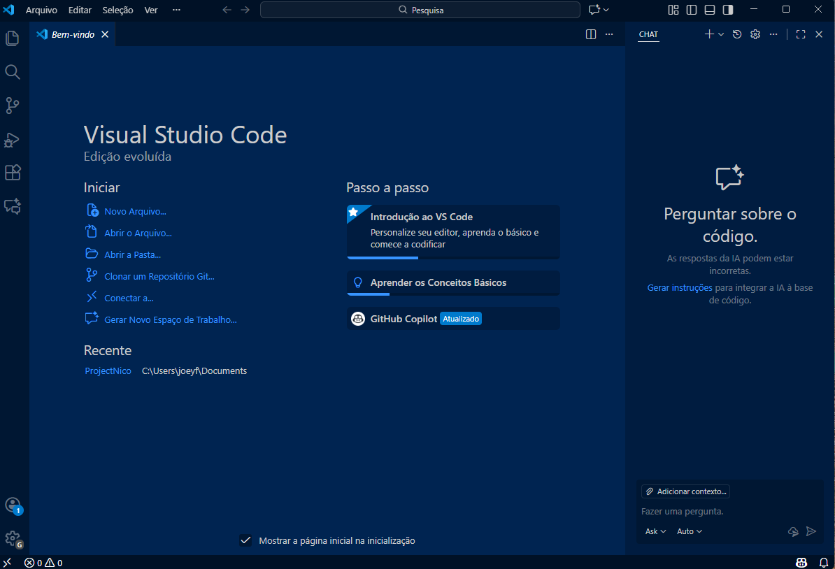 Tela de Boas-vindas de Abertura do Visual Studio Code