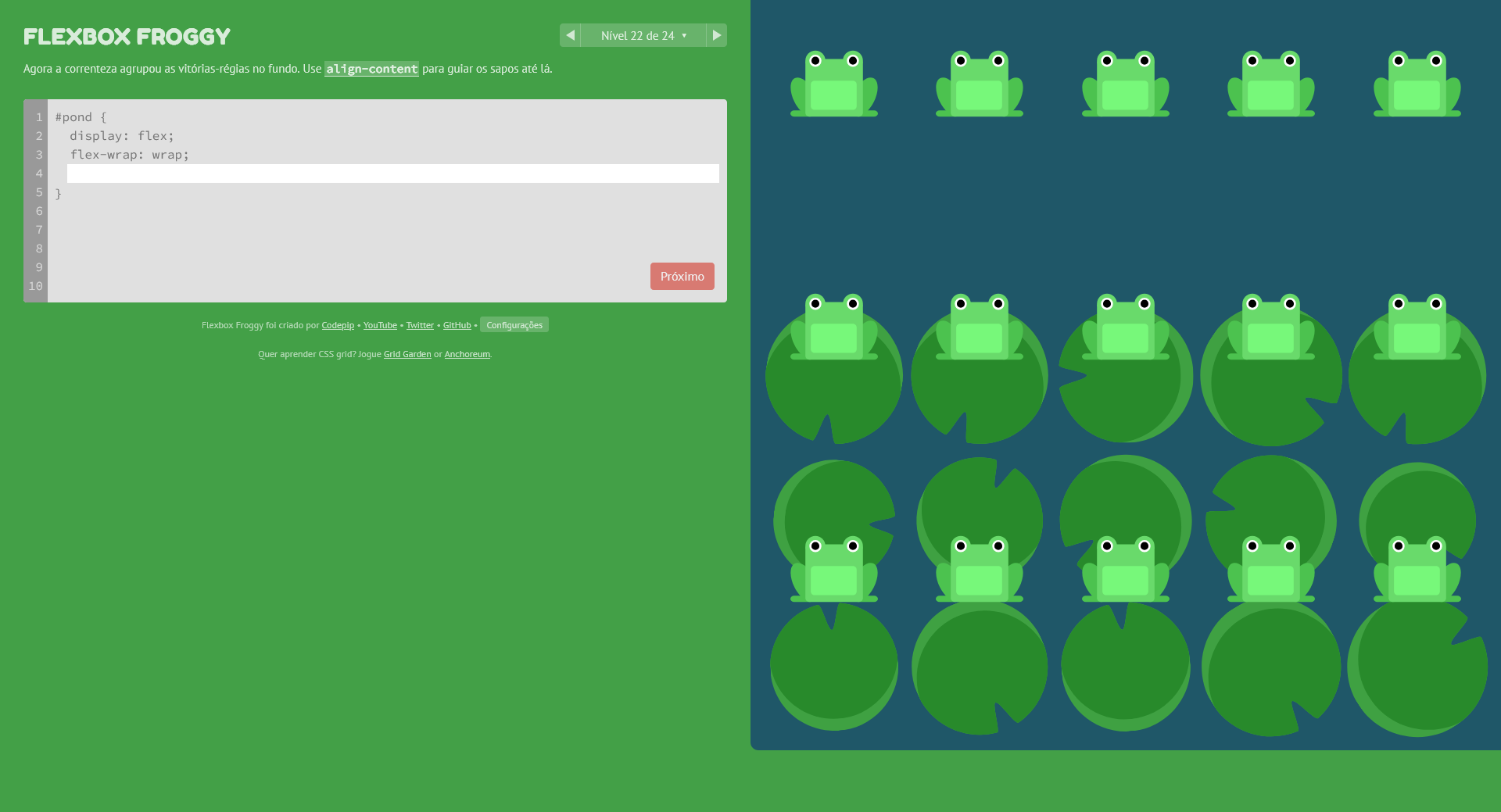 Captura de tela do Nível 22 de 24 do flexboxfroggy.com