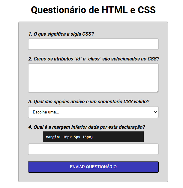Captura de tela de um exemplo de questionário com estilo.