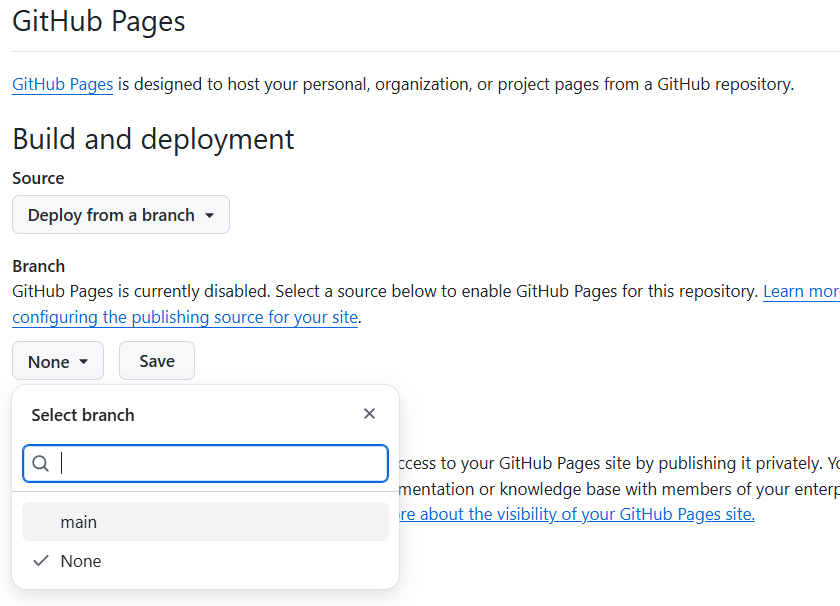 GitHub Pages select main branch