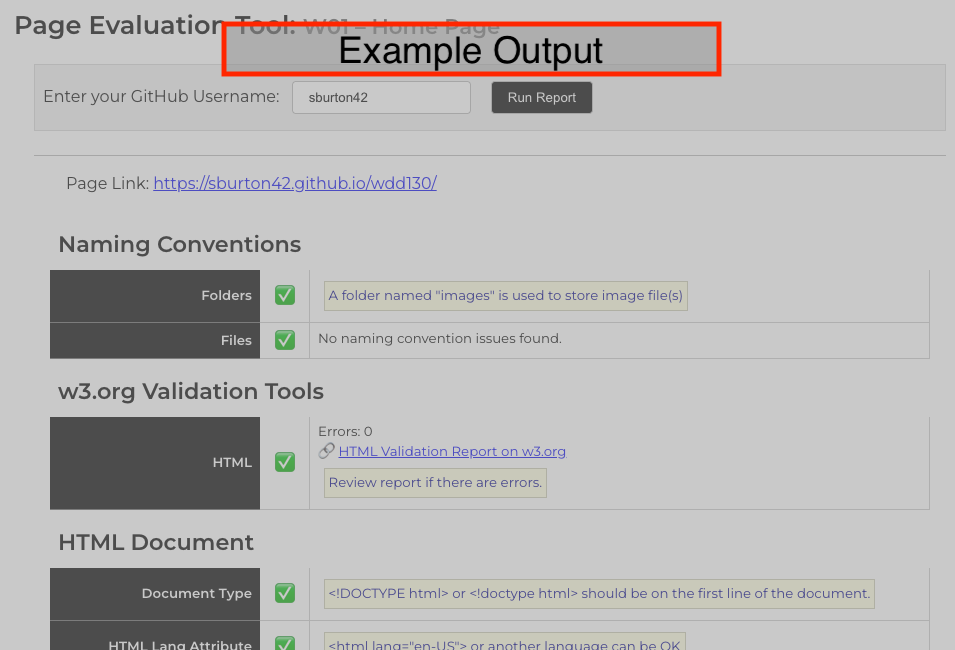Example Page Audit tool output