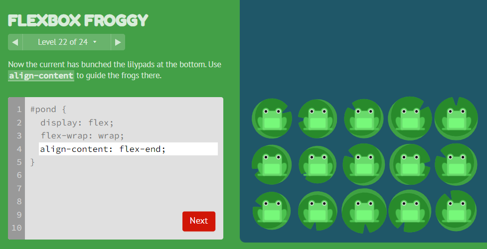 Screenshot of flexboxfroggy.com Level 22 of 24