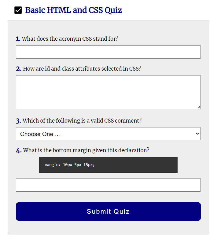 
              Screenshot of an example quiz with styling.