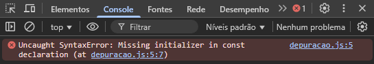 Captura de tela do console do DevTools com erro de sintaxe