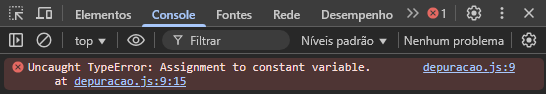 Captura de tela do console do DevTools com erro de sintaxe