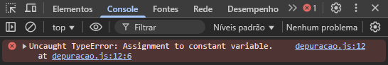 Captura de tela do console do DevTools com erro de sintaxe
