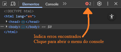 Captura de tela do ícone de erro do DevTools JS no menu