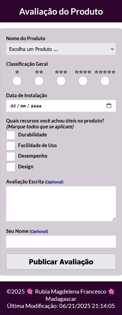 Exemplo de captura de tela da visualização móvel do formulário de avaliação de produto