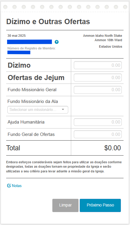 Captura de tela do uso da tabela no recibo de doação