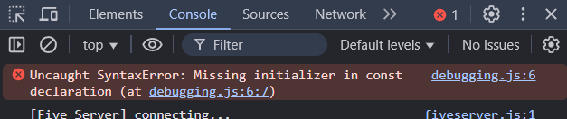 Screenshot of DevTools console with syntax error