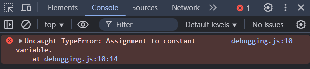 Screenshot of DevTools console with syntax error