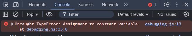 Screenshot of DevTools console with syntax error