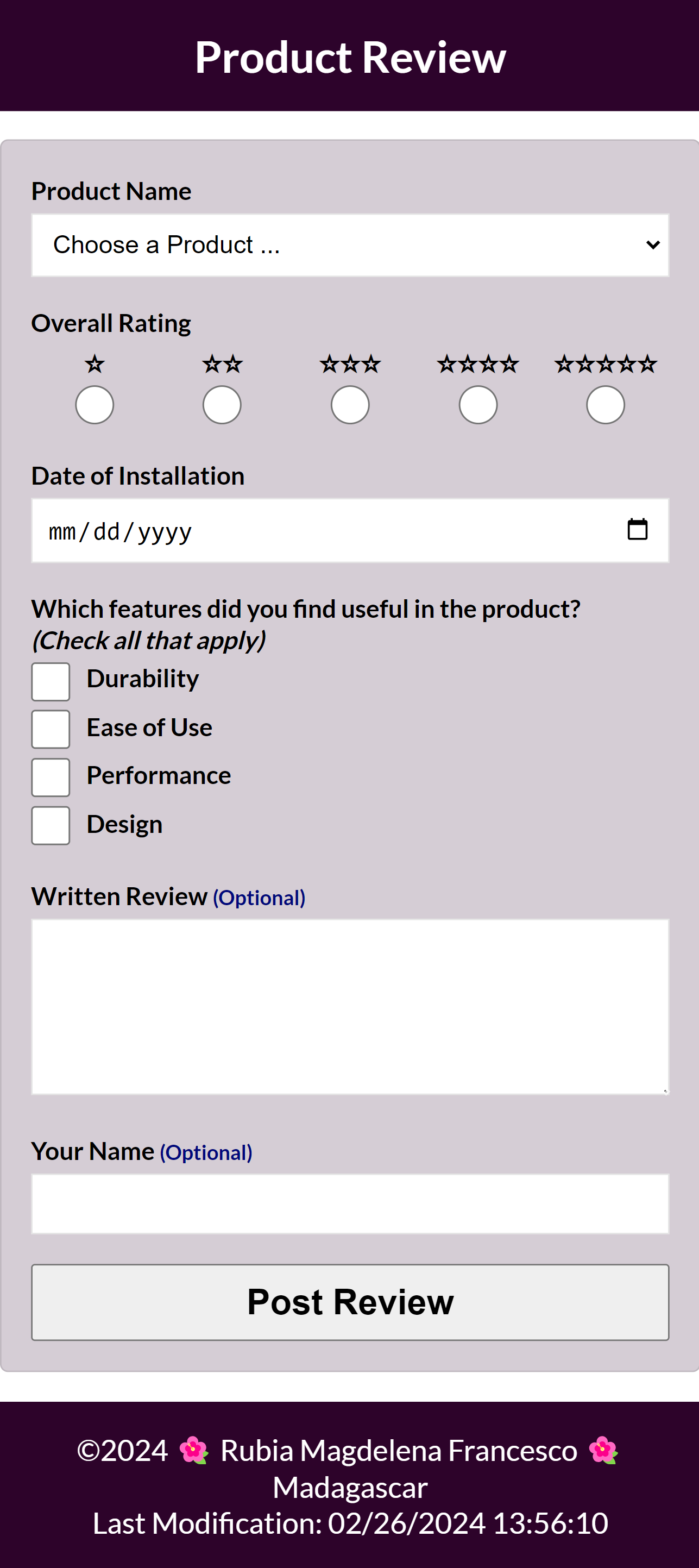 Mobile view screenshot example of product review form