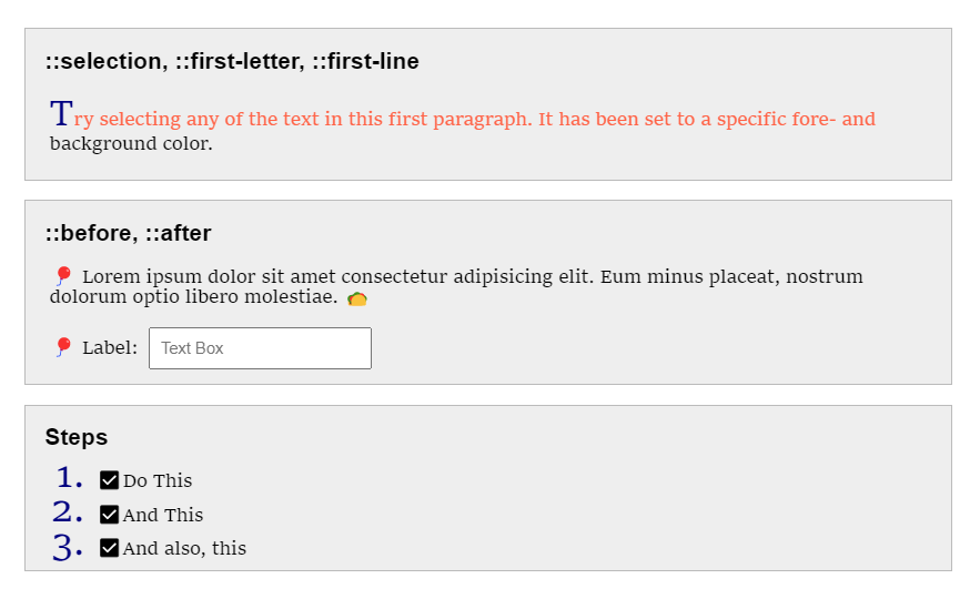 Screenshot of pseudo-element learning activity CodePen example.