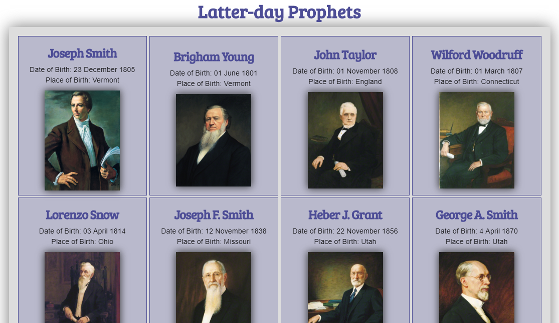 Latter-day Prophets Card Layout Screenshot