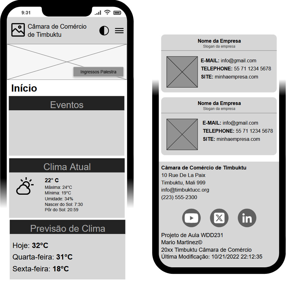 Wireframe da Câmara para Dispositivo Móvel