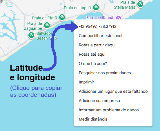 Exemplo de informações de localização do Google Maps