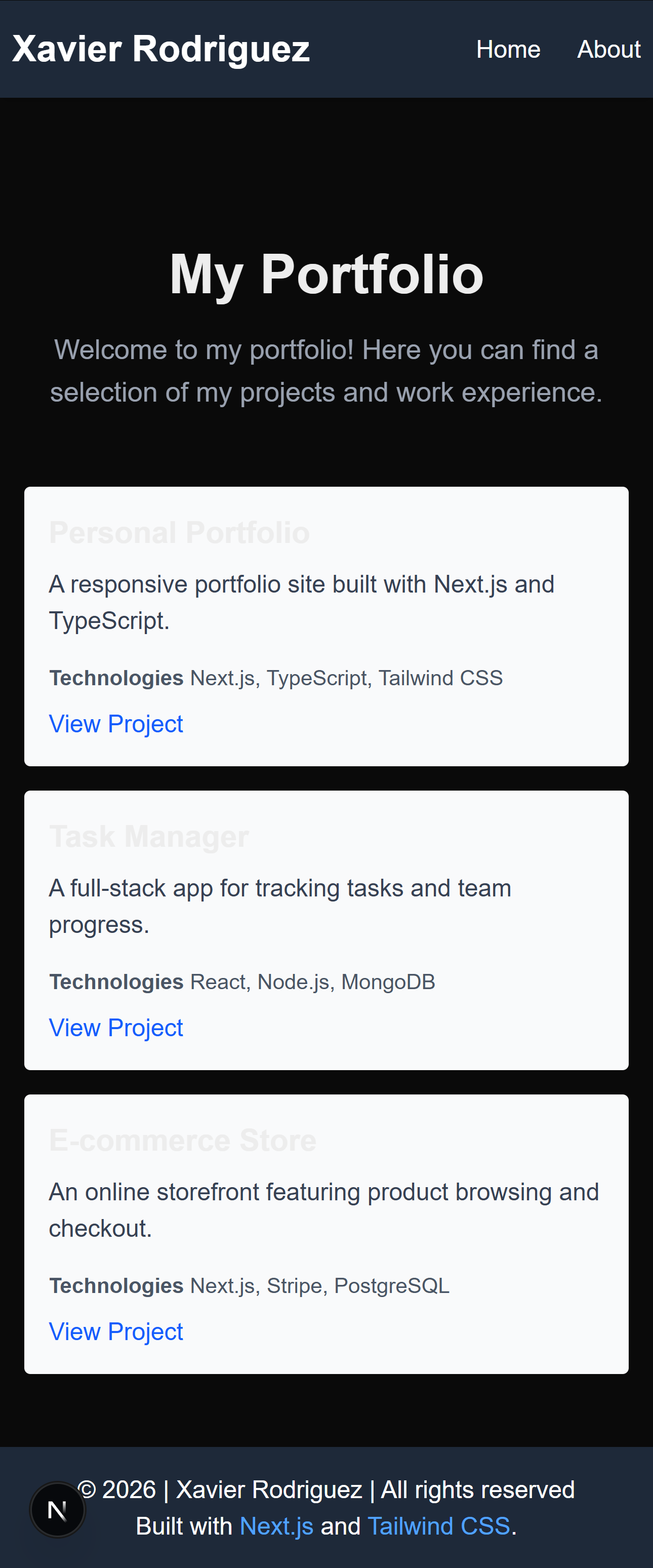 Screenshot of the portfolio app on a mobile screen