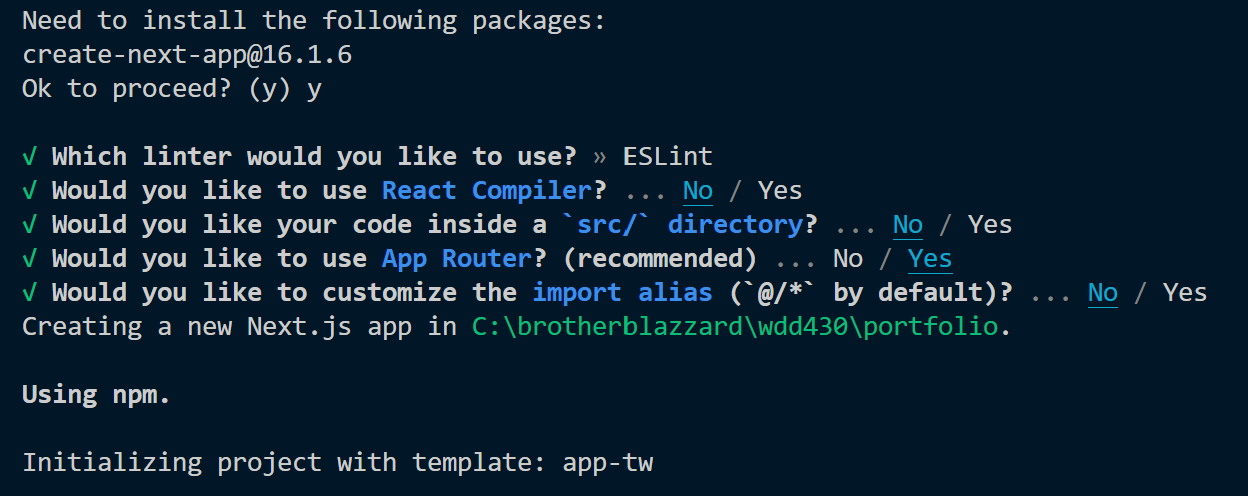 Screenshot of Next.js create app settings prompts