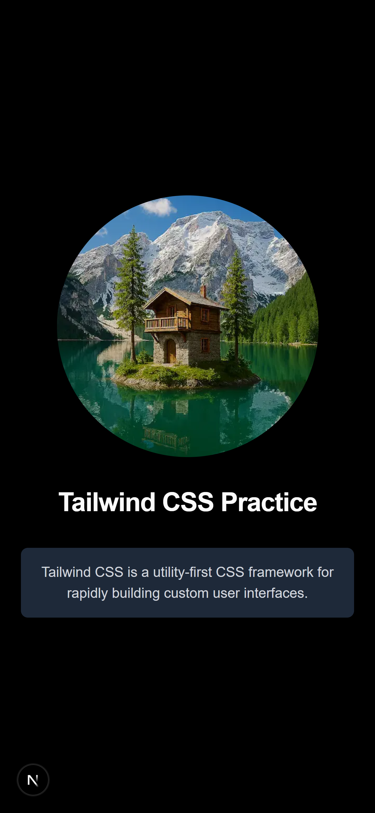 Screenshot of a simple Next.js page styled with Tailwind CSS showing an image, heading, and paragraph with various utility classes applied.