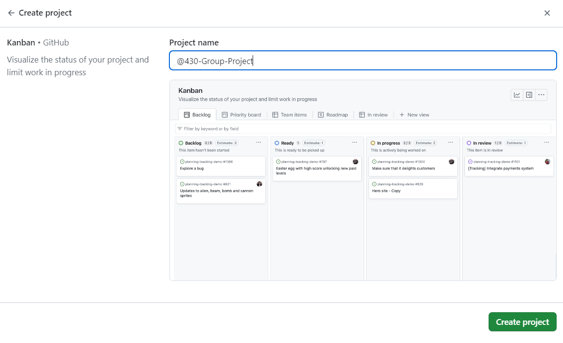 Screenshot of GitHub Project creation