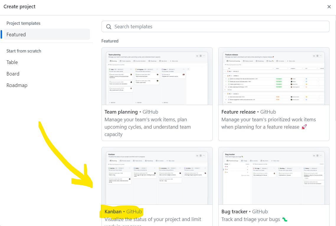 Screenshot of GitHub Project Kanban Board selection